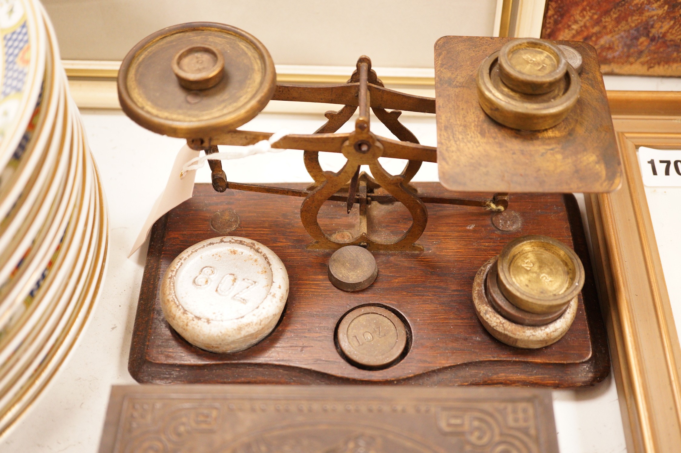 A postal scale, cased silver lobster picks, silver cocktail sticks etc